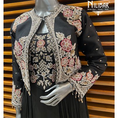 Black Crepe Dhoti Style One Piece With Silk Shrug