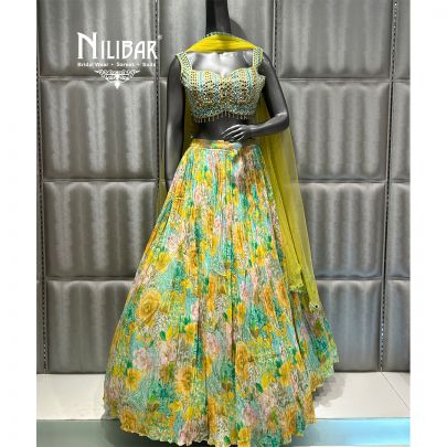 Yellow Chinon Embroidered Lehenga