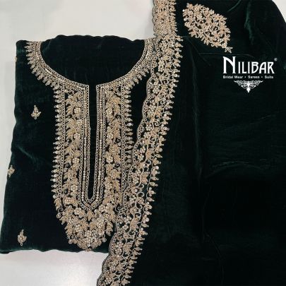 Bottle Green Velvet Suit Paired With Velvet Dupatta & Crepe Bottom
