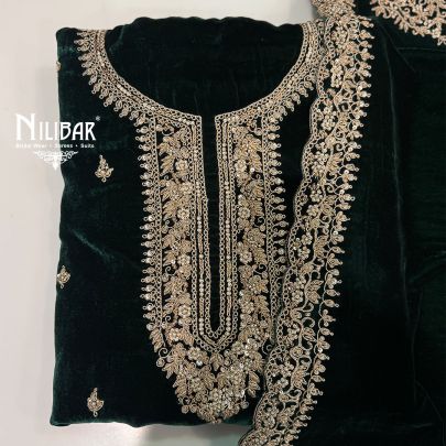 Bottle Green Velvet Suit Paired With Velvet Dupatta & Crepe Bottom