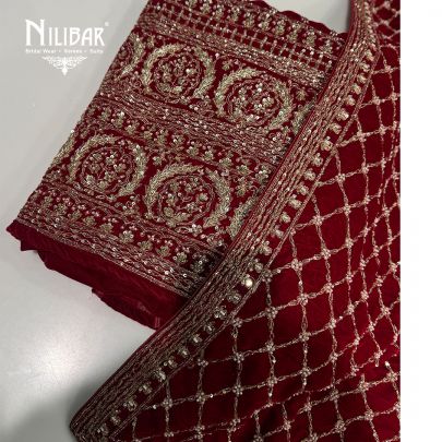 Red Velvet Suit Paired With Velvet Dupatta & Velvet Bottom