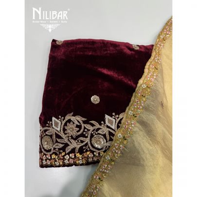 Mehroon & Gold Velvet Suit Paired With Organza Dupatta & Crepe Bottom