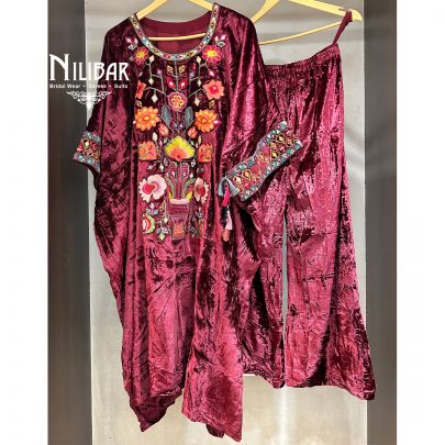 Maroon Velvet Palazzo Suit