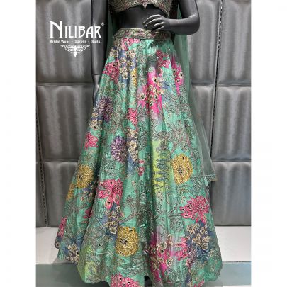 Green Silk Embroidered Lehenga
