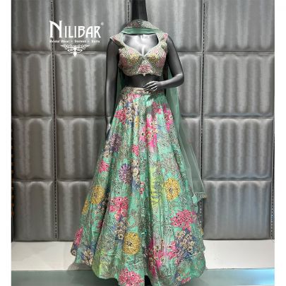 Green Silk Embroidered Lehenga