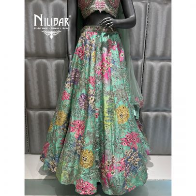 Green Silk Embroidered Lehenga