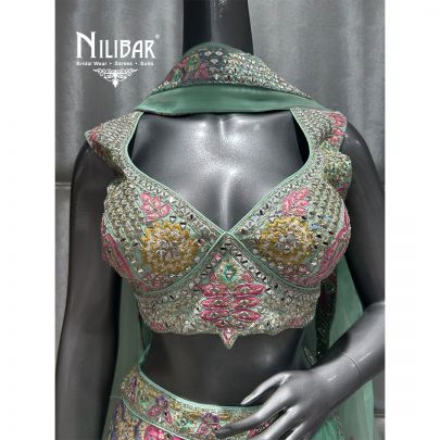 Green Silk Embroidered Lehenga