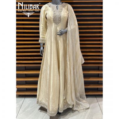 Ivory Gold Brocade Silk Anarkali Suit
