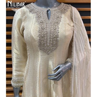 Ivory Gold Brocade Silk Anarkali Suit