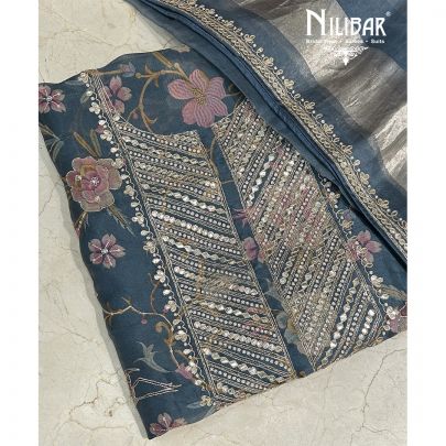 Gray Blue Organza Unstitched Suit