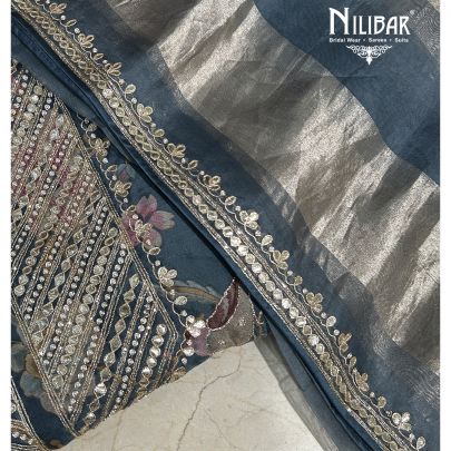 Gray Blue Organza Unstitched Suit