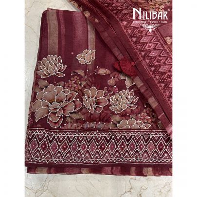 Red Wine Organza Unstitched Suit