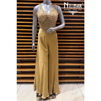 Beige & Gold Net Corset Top Paired With Crepe Jaffa Pants