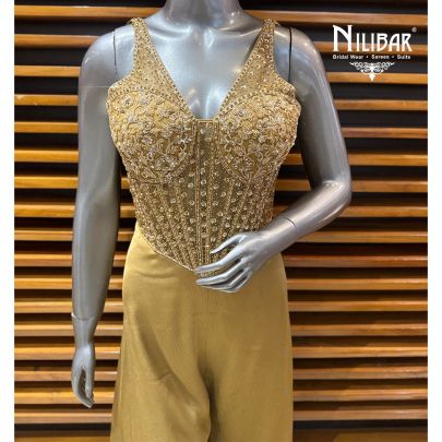 Beige & Gold Net Corset Top Paired With Crepe Jaffa Pants
