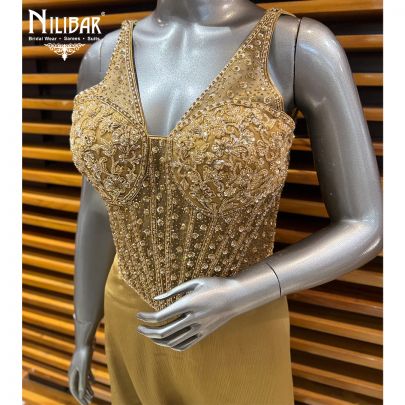Beige & Gold Net Corset Top Paired With Crepe Jaffa Pants