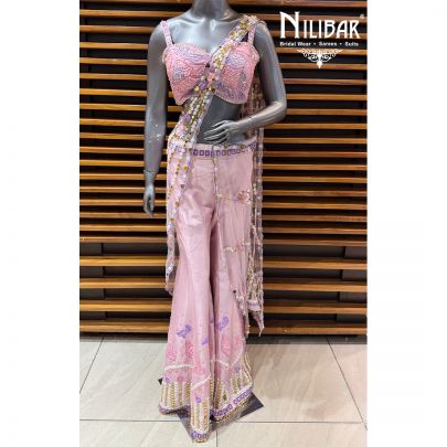 Baby Pink Silk Crop Top Paired With Attached Drape & Pants