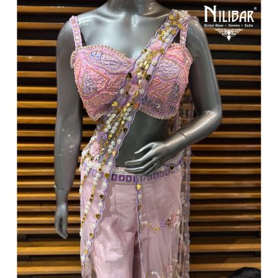 Baby Pink Silk Crop Top Paired With Attached Drape & Pants