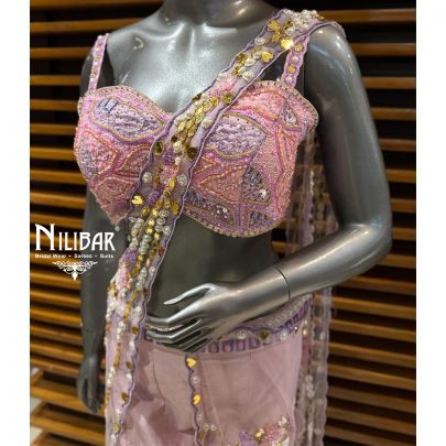 Baby Pink Silk Crop Top Paired With Attached Drape & Pants