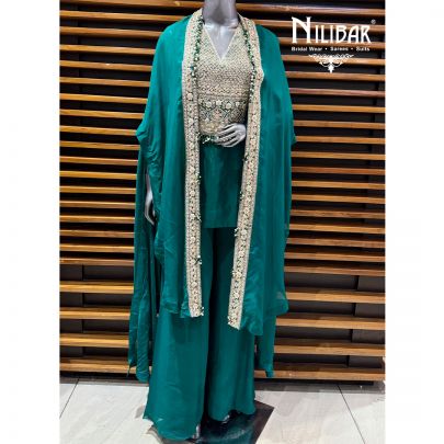 Peacock Blue Crepe Short Top Paired With Cape & Palazzo