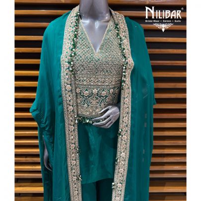 Peacock Blue Crepe Short Top Paired With Cape & Palazzo