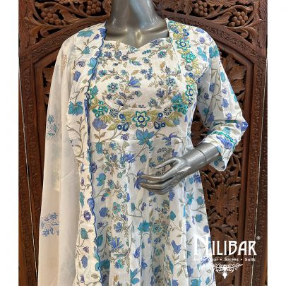 White & Blue Cotton Anarkali Pant Suit