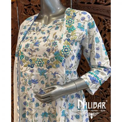 White & Blue Cotton Anarkali Pant Suit