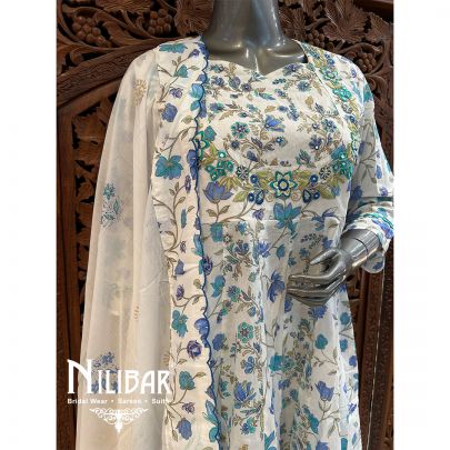 White & Blue Cotton Anarkali Pant Suit