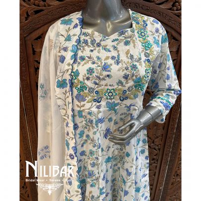 White & Blue Cotton Anarkali Pant Suit