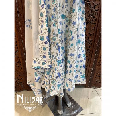White & Blue Cotton Anarkali Pant Suit