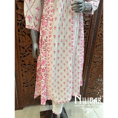 White & Pink Cotton Pant Suit