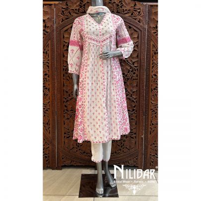 White & Pink Cotton Pant Suit