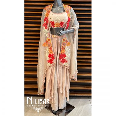 Cream Cape-Organza Embroidered Cape Set