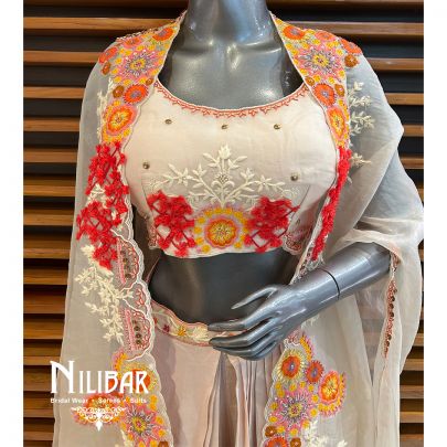 Cream Cape-Organza Embroidered Cape Set