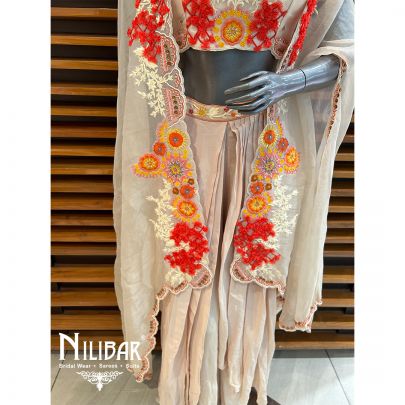 Cream Cape-Organza Embroidered Cape Set