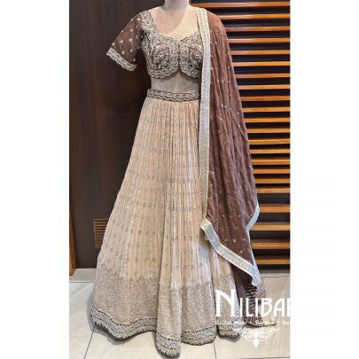 Ivory And Brown Silk Georgette Lehenga