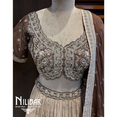 Ivory And Brown Silk Georgette Lehenga