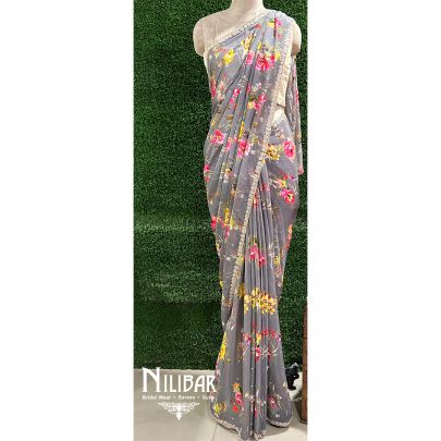 Dark Gray Chiffon Printed Saree 