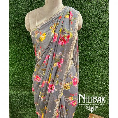 Dark Gray Chiffon Printed Saree 