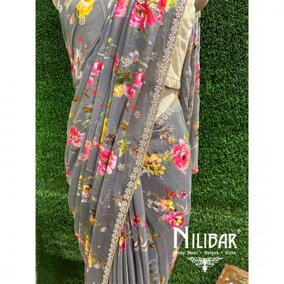Dark Gray Chiffon Printed Saree 