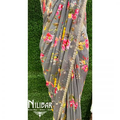 Dark Gray Chiffon Printed Saree 