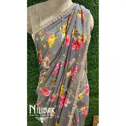 Dark Gray Chiffon Printed Saree 