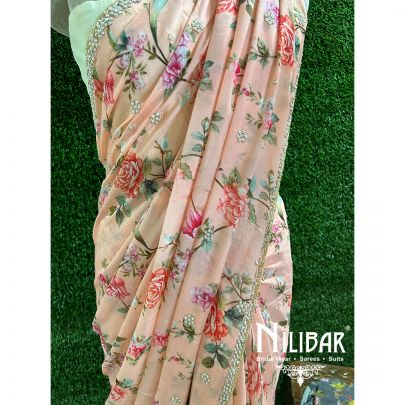 Peach Chiffon Printed Saree