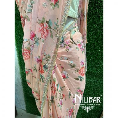 Peach Chiffon Printed Saree