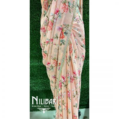 Peach Chiffon Printed Saree