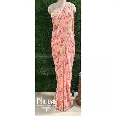 Peach Chiffon Printed Saree