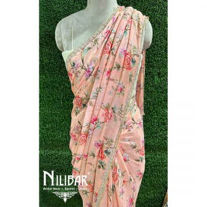 Peach Chiffon Printed Saree