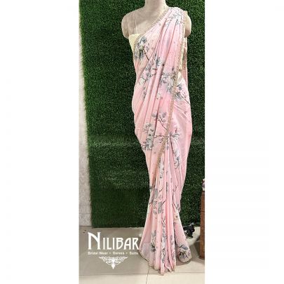 Pastel Pink Chiffon Printed Saree