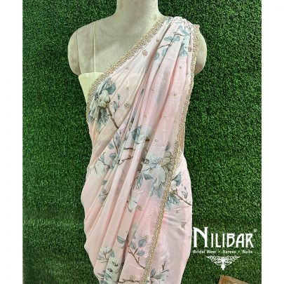 Pastel Pink Chiffon Printed Saree