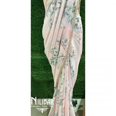 Pastel Pink Chiffon Printed Saree