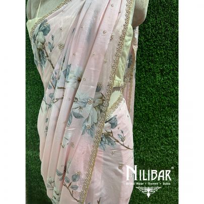 Pastel Pink Chiffon Printed Saree